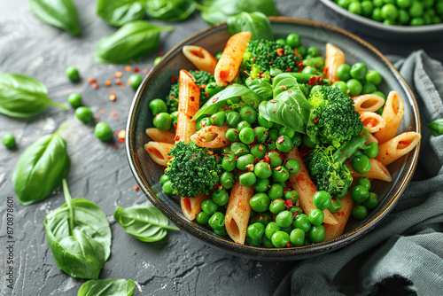  pasta with broccoli and green beans in a bowl on a grey background, viewed from above. Space for text