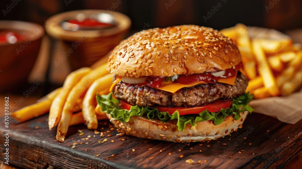 A close-up shot of a hamburger and French fries on a cutting board, ready to be served or cooked A close-up shot of a hamburger and French fries on a cutting board, ready to be served or cooked
