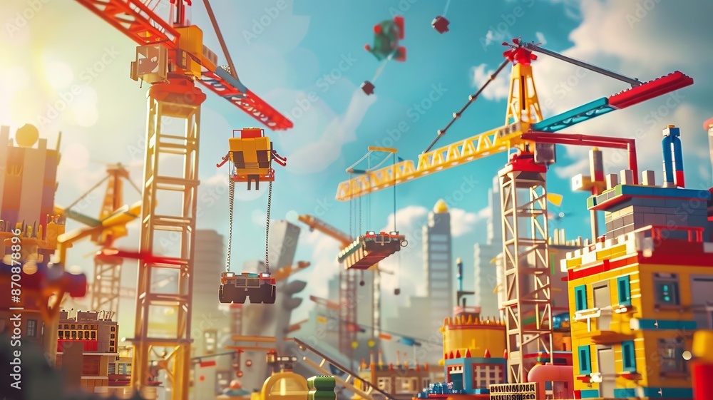 Fototapeta premium Vibrant City Construction Site on a Sunny Day with Cranes and Workers