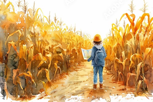 Little boy in a corn field holding a map.