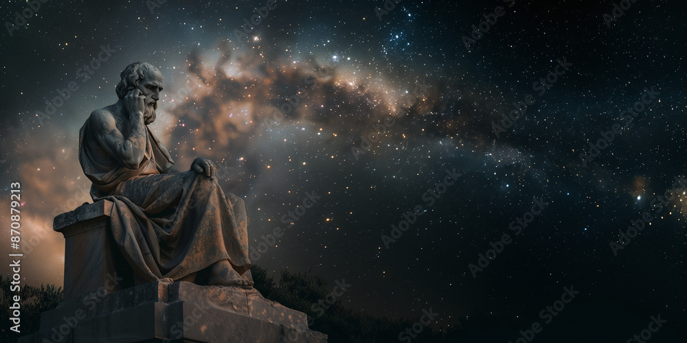 Fototapeta premium Ancient Stoic Philosopher Statue Under Starry Night Sky with Milky Way
