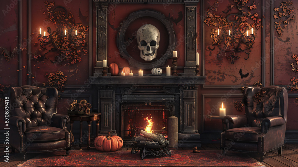 Cozy gothic living room with a fireplace, skull decor, pumpkins, candles, and leather chairs, creating a spooky Halloween ambiance. Cozy gothic living room with a fireplace, skull decor, pumpkins, candles, and leather chairs, creating a spooky Halloween ambiance.