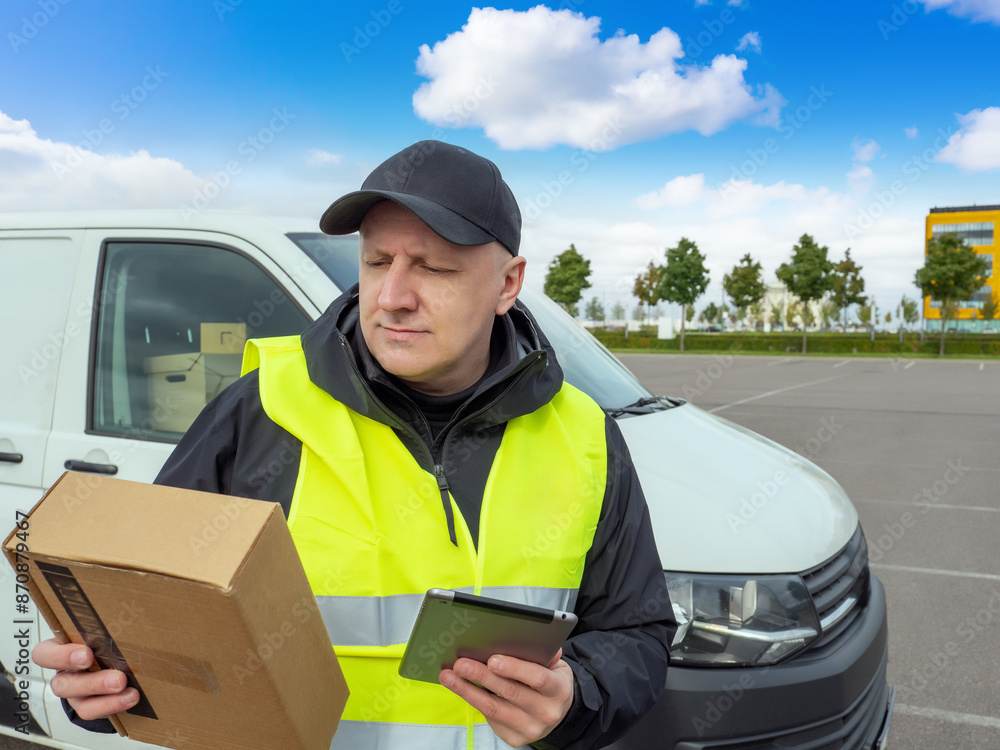 Delivery man from postal service. Courier holding cardboard box. Postal company specialist delivers boxes. Courier standing near minivan. Postal company worker delivers order. Postman with e-tablet Delivery man from postal service. Courier holding cardboard box. Postal company specialist delivers boxes. Courier standing near minivan. Postal company worker delivers order. Postman with e-tablet