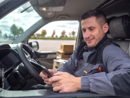 Man courier driving. Delive...