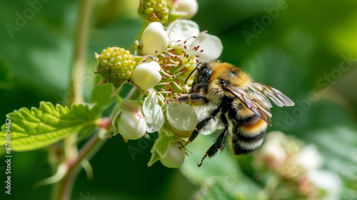 A busy bee flutters onto a blackberry flower on a bright spring day, helping to spread the pollen. © Rabil