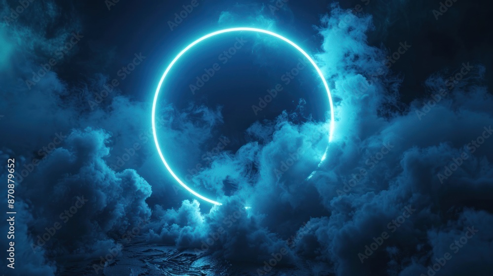 Illustration of abstract clouds illuminated with neon light rings in the dark night sky. with 3d Render background. Ai generated image Illustration of abstract clouds illuminated with neon light rings in the dark night sky. with 3d Render background. Ai generated image