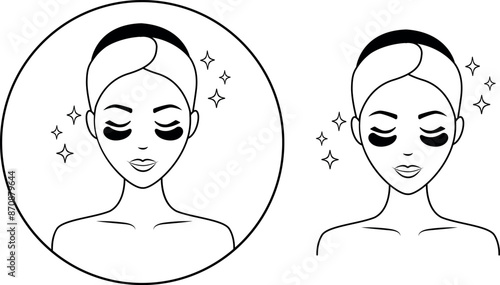 The girl put bandages on her eyes to refresh herself.She attends beauty treatments, takes care of her face and skin.A skin care icon,an image of a woman's face on a transparent background.Vector icon.