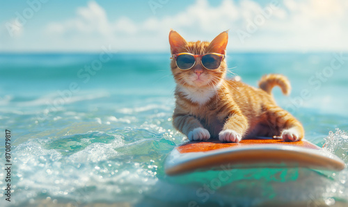 Red happy cat on summer vacation is surfing on the sea. Cat on the board floats on the wave. photo