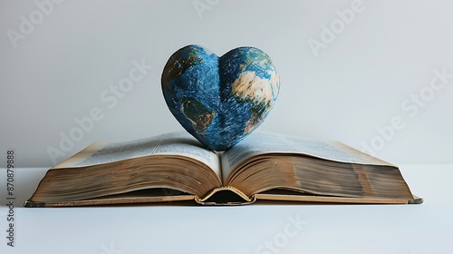 A heart-shaped globe placed on top of an open book, symbolizing global education and learning against a white background with copy space for text. This stock photo was the winner of a contest, © naphat