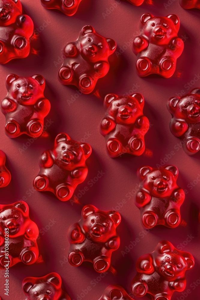 A cluster of red gummy bears sitting on a bright red surface