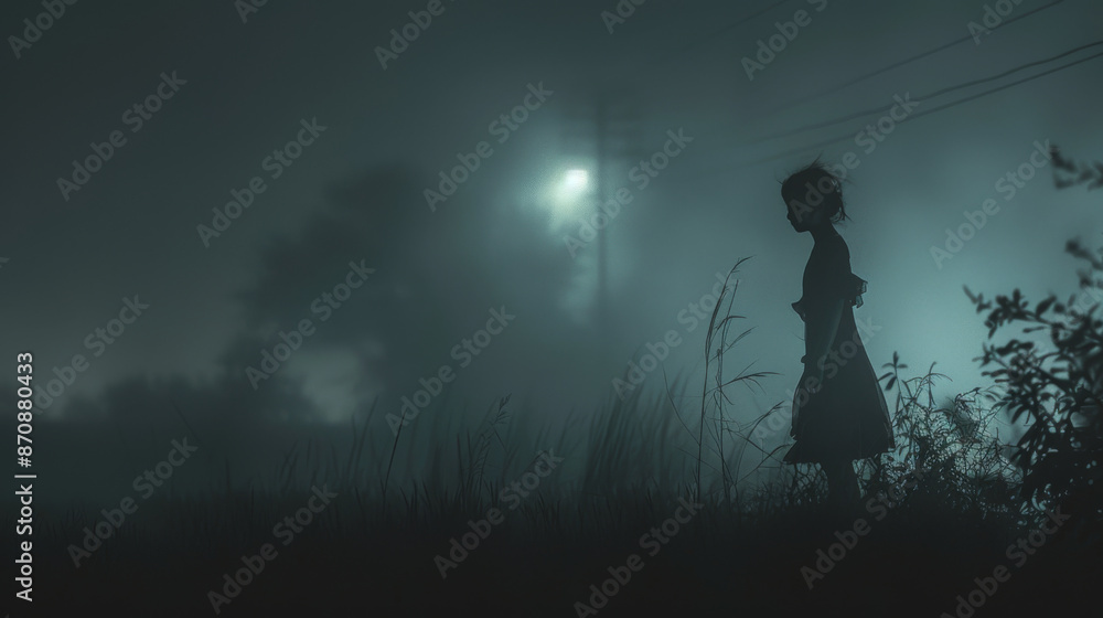 A hazy night shot of a girl standing far away in the darkness. Her outline is blurred by the whipping wind, looking like a whisper carried on the breeze. A hazy night shot of a girl standing far away in the darkness. Her outline is blurred by the whipping wind, looking like a whisper carried on the breeze.