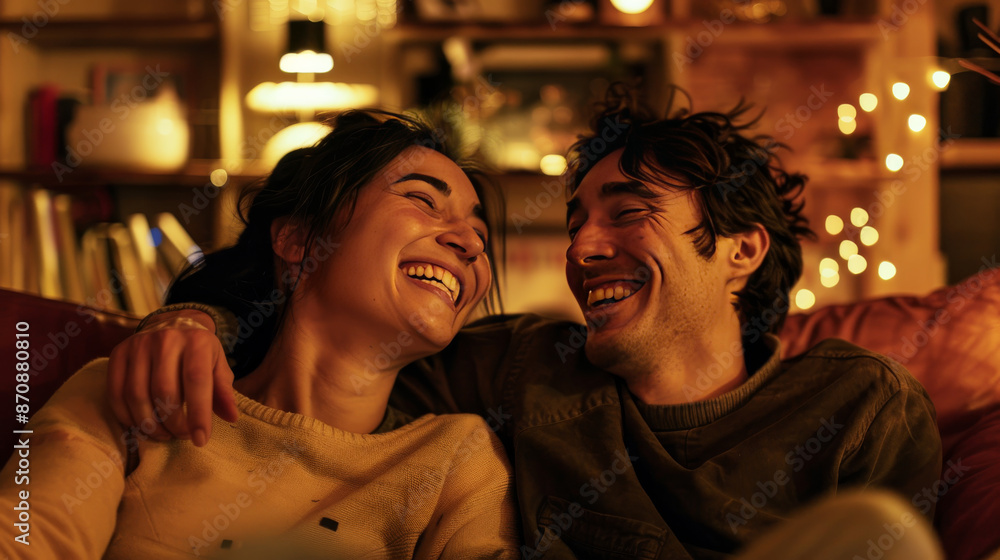 A joyful couple, from different cultures, is having a great time in their cozy home, amid laughter and smiles. A joyful couple, from different cultures, is having a great time in their cozy home, amid laughter and smiles.