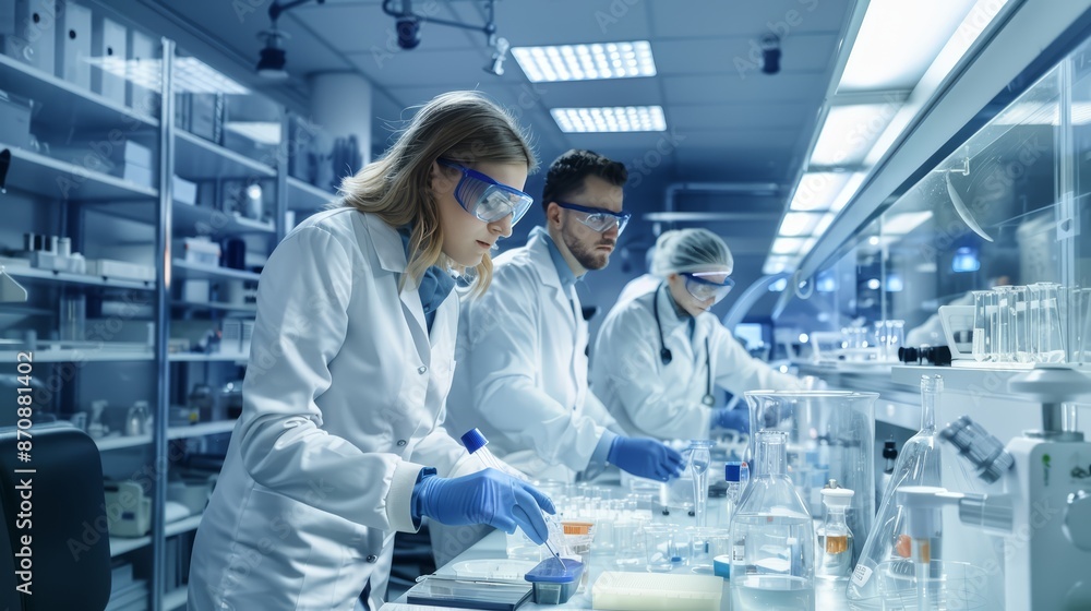 A group of researchers in a lab working diligently on medical advancements A group of researchers in a lab working diligently on medical advancements
