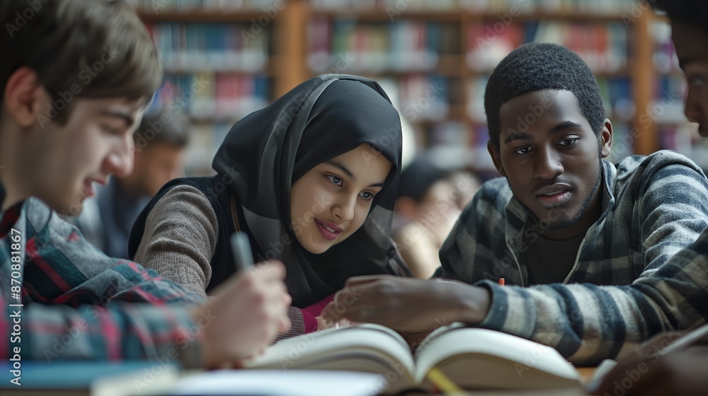 Multicultural Group of Students Studying in a Library. Multicultural Group of Students Studying in a Library.