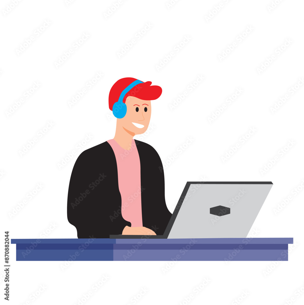 Icono de un hombre con auriculares junto a un ordenador. Vector Icono de un hombre con auriculares junto a un ordenador. Vector