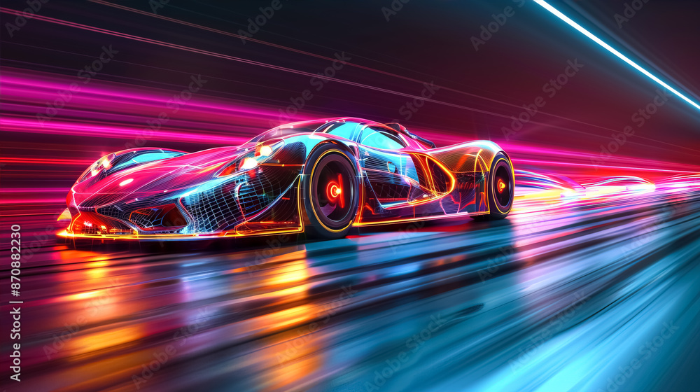 Fototapeta premium A neon-lit futuristic racing car speeding through a vibrant, high-tech environment