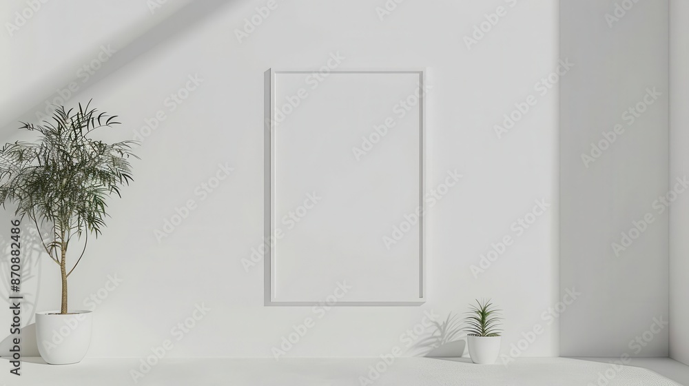A beautiful white room with a large empty frame on the wall. There is a potted plant on either side of the frame. The room is bathed in sunlight. A beautiful white room with a large empty frame on the wall. There is a potted plant on either side of the frame. The room is bathed in sunlight.