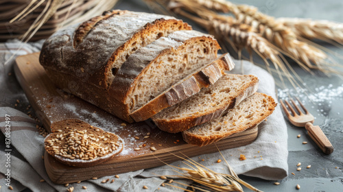 A slice of freshly baked homemade bread on a table, symbolizing the concept of a balanced and nutritious diet.