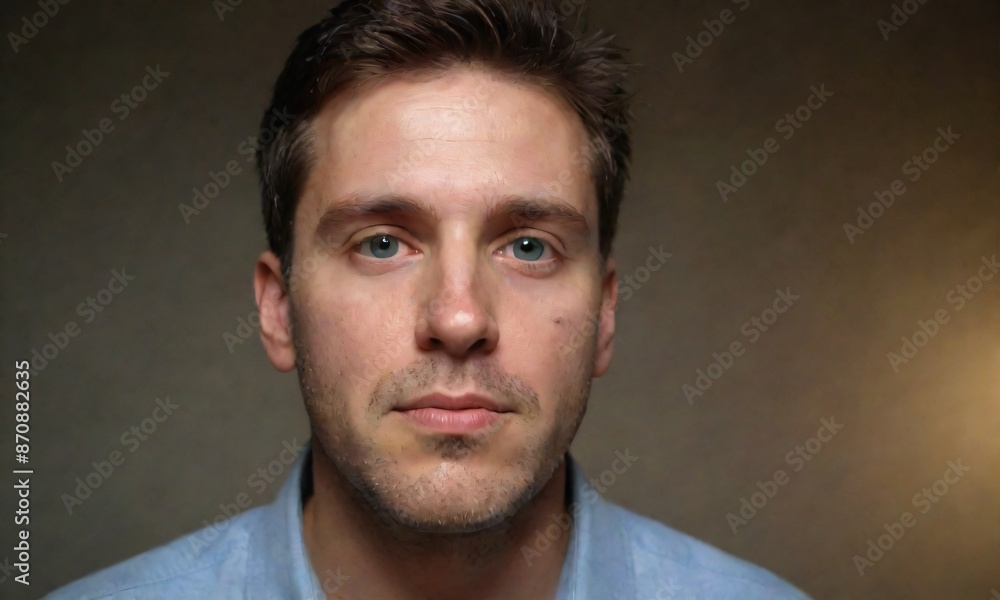 An image of a man with brown hair and a blue shirt An image of a man with brown hair and a blue shirt