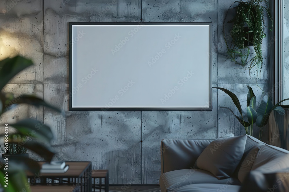 Create a photorealistic render of a blank frame hanging on a concrete wall Create a photorealistic render of a blank frame hanging on a concrete wall