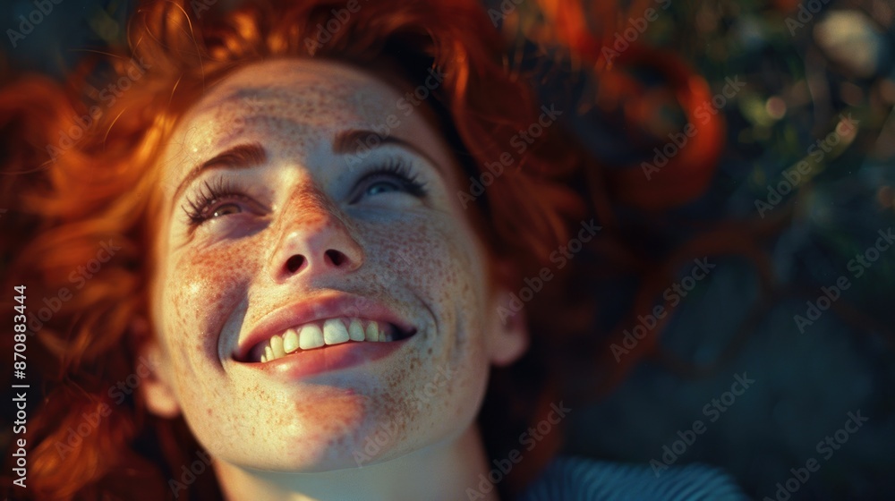 Fototapeta premium A close-up photo of a woman's face showing her freckles, suitable for use in beauty and lifestyle contexts