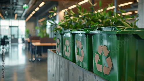 Modern Office with Green Recycling Bins and Indoor Plants Promoting Eco-Friendly Workplace Environment © owen