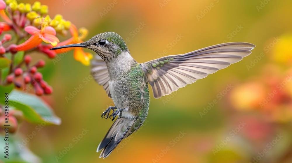 A hummingbird captured in mid-flight, wings a blur, feeding on nectar from a flower, bright daylight A hummingbird captured in mid-flight, wings a blur, feeding on nectar from a flower, bright daylight