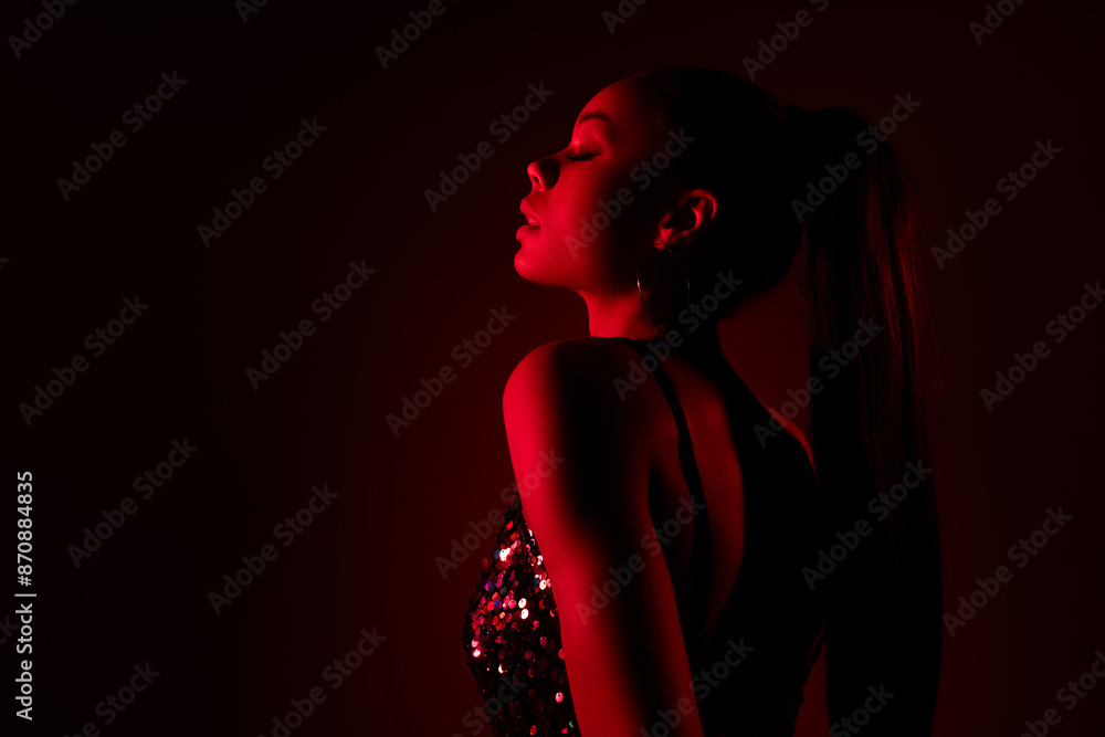 Profile side photo of girl feel passion close eyes isolated red neon vivid color background