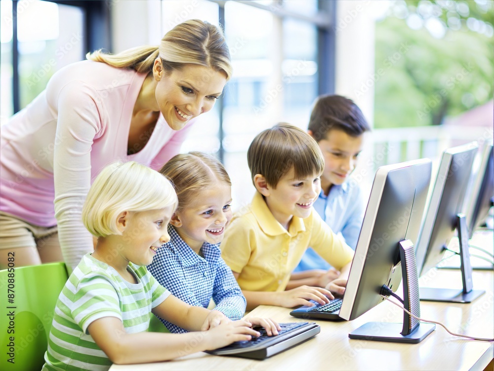 A cheerful teacher assists a diverse group of young students engaged on computers in a bright classroom setting, fostering a supportive educational environment. A cheerful teacher assists a diverse group of young students engaged on computers in a bright classroom setting, fostering a supportive educational environment.