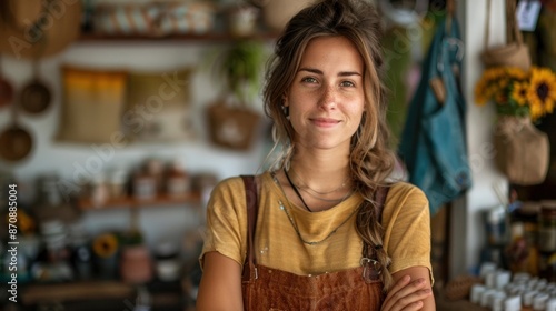 Wallpaper Mural Portrait of a passionate small business owner in their boutique store, surrounded by unique products, illustrating entrepreneurship and personal connection with customers. Torontodigital.ca