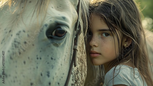 Serene Bond: Young Girl and Horse Gazing Trustingly into the Camera in Natural Setting photo