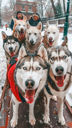 Paseo en trineo tirado por perros en una tundra nevada, con emoción y aventura photo