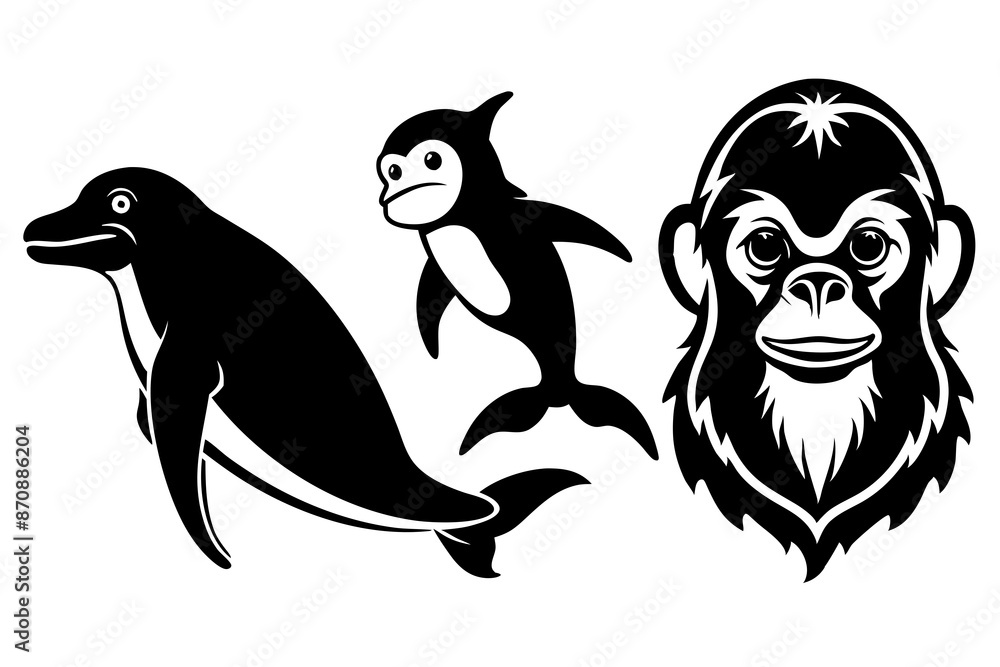 Naklejka premium chimpanzee dolphin whale head icon silhouette vector illustration 