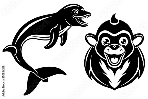 chimpanzee dolphin whale head icon silhouette vector illustration  photo