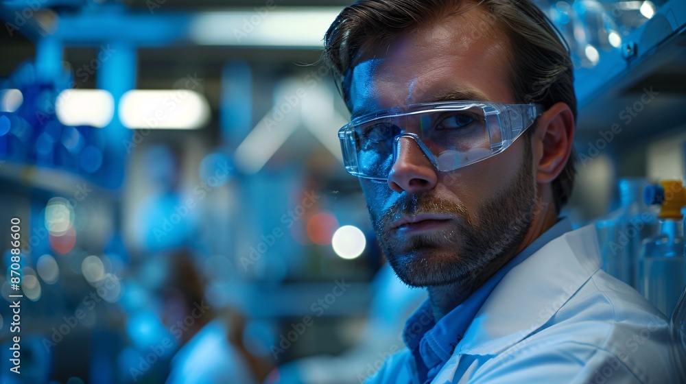 Scientist in Modern Laboratory Wearing Protective Eyewear Conducting Research with Advanced Equipment and Technology Scientist in Modern Laboratory Wearing Protective Eyewear Conducting Research with Advanced Equipment and Technology