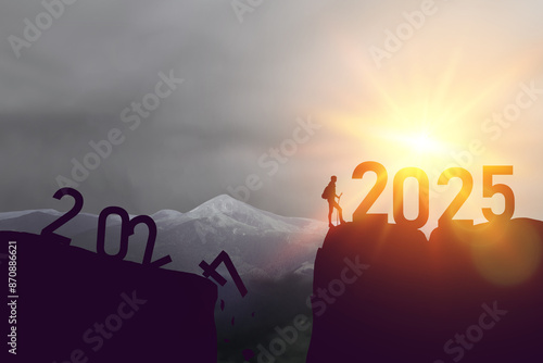 Obraz na płótnie New year 2025 or straight forward concept. Text 2024 to 2025 written on the mountain top with at sunrise. Concept of planning, goal, challenge, new year resolution and start. High quality photo w salonie