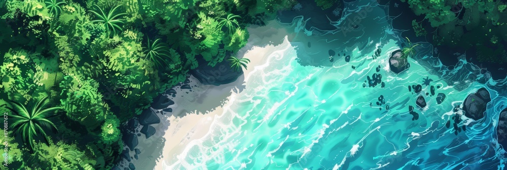 Aerial view of a lush green forest and clear turquoise ocean waters with beac, Digital painting, Anime style. Aerial view of a lush green forest and clear turquoise ocean waters with beac, Digital painting, Anime style.