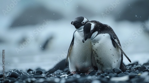 A pair of penguins huddling together for warmth on an icy Antarctic shore.