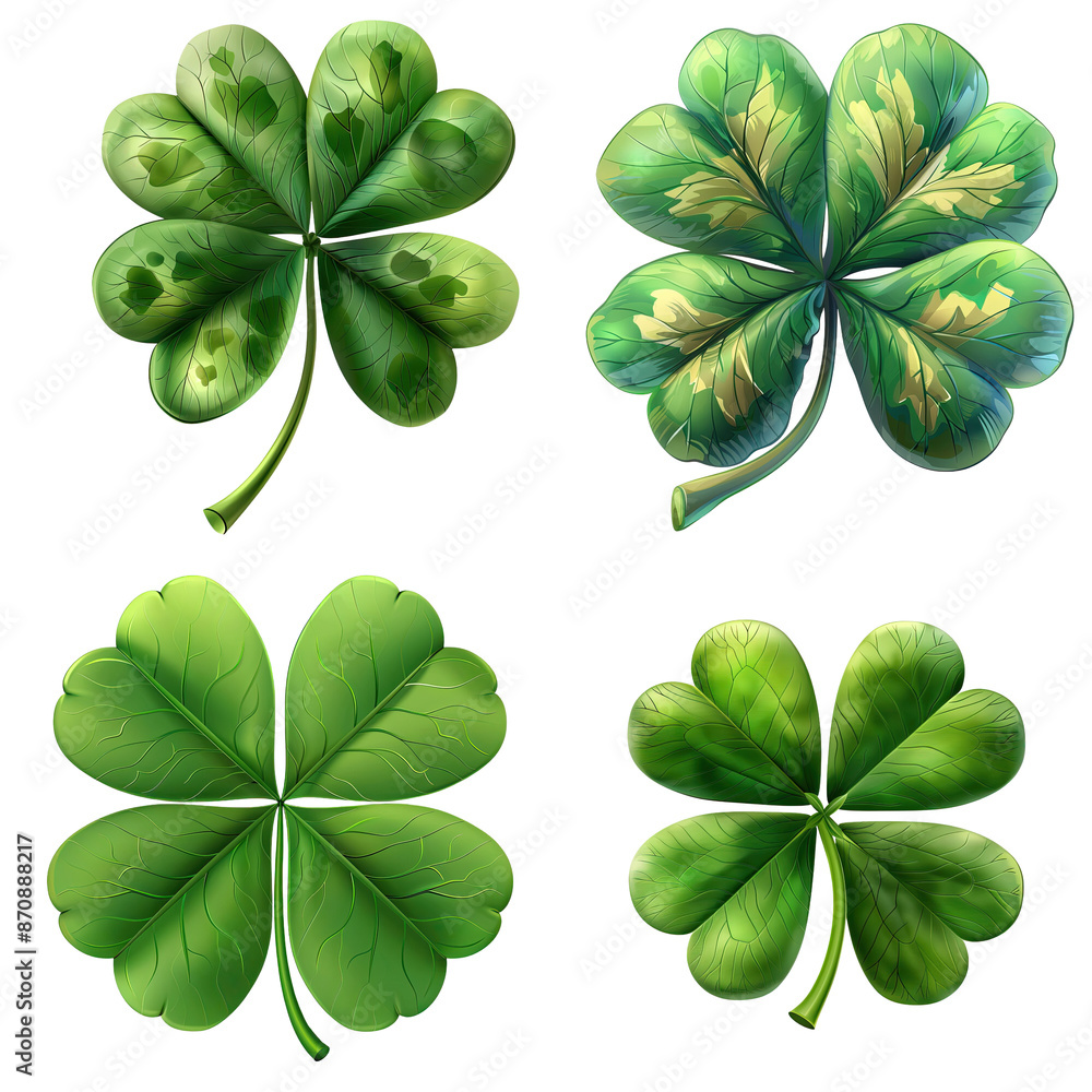 Four different clover leaves symbolizing luck, each uniquely designed with varying shades of green. Perfect for St. Patrick's Day themes. Four different clover leaves symbolizing luck, each uniquely designed with varying shades of green. Perfect for St. Patrick's Day themes.