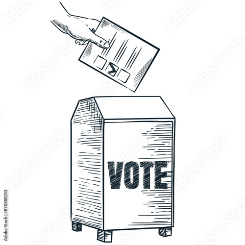 Human hand puts ballot paper in election vote box. Man or woman holding sheet of paper. Vector hand drawn sketch illustration isolated on white background. Government voting, politic democracy concept