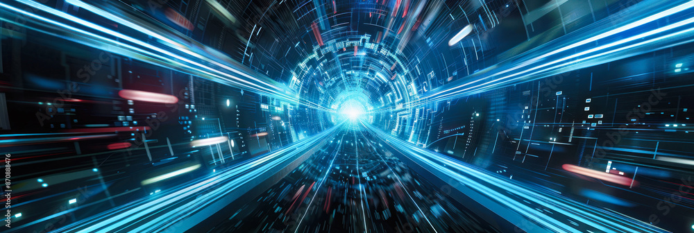Obraz premium Bright central light in a high-tech data tunnel