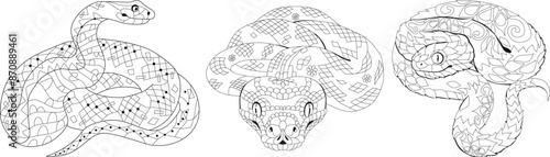 Zentangle snakes for coloring pages. Hand drawn decorative vector illustration.