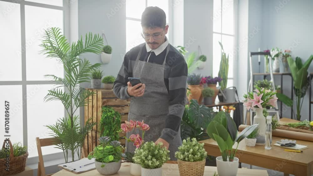 A young hispanic man with a moustache in an apron using a smartphone in a vibrant flower shop filled with various plants. A young hispanic man with a moustache in an apron using a smartphone in a vibrant flower shop filled with various plants.