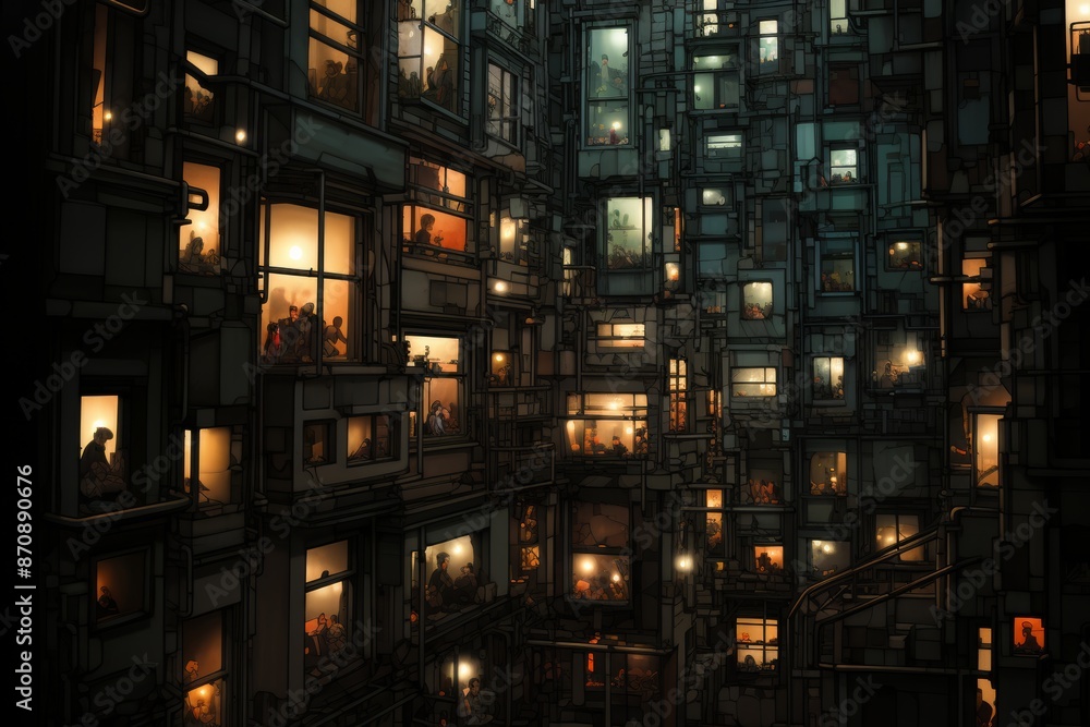 Urban night scene orange window glow contrasting with graphite colored buildings Urban night scene orange window glow contrasting with graphite colored buildings