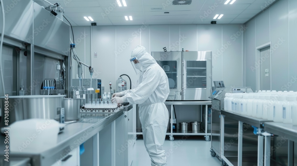 Clean production room with worker in white protective gown. Biotechnology production facility. food science Clean production room with worker in white protective gown. Biotechnology production facility. food science