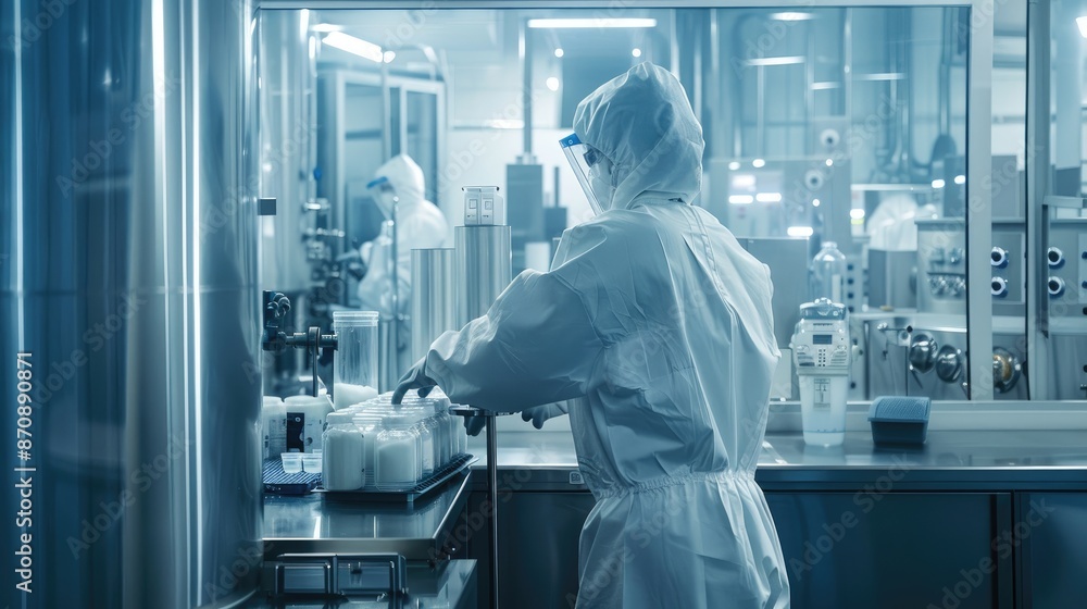 Naklejka premium Clean production room with worker in white protective gown. Biotechnology production facility. food science