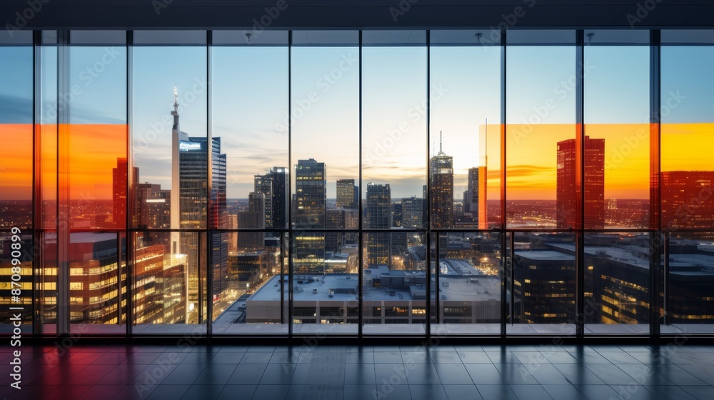 Naklejka premium Scenic cityscape view from high rise building window with vibrant modern urban colors