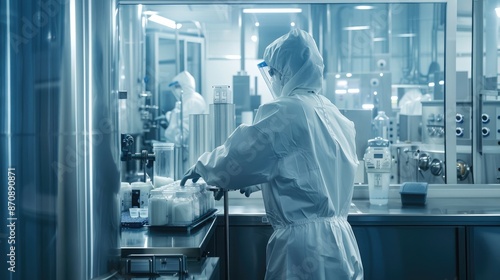 Clean production room with worker in white protective gown. Biotechnology production facility. food science photo
