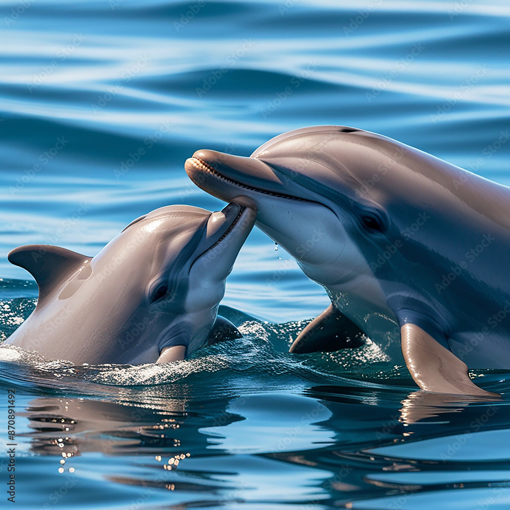 Fototapeta premium baby dolphin kissing its mother International Kissing generative ai