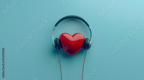 Red heart with headphones on blue background, listen to your heart and heart care concept © olyphotostories